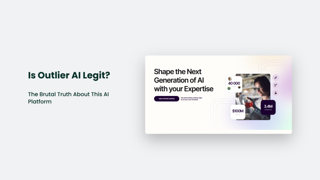 A Promotional Banner For Outlier Ai Confidently Asks, &Quot;Is Outlier Ai Legit?&Quot; While Showcasing Impressive Stats: $100M In Funding, 3.4M Users, And 40,000 Professionals. Join Us To Shape The Next Generation Of Ai With Your Expertise.