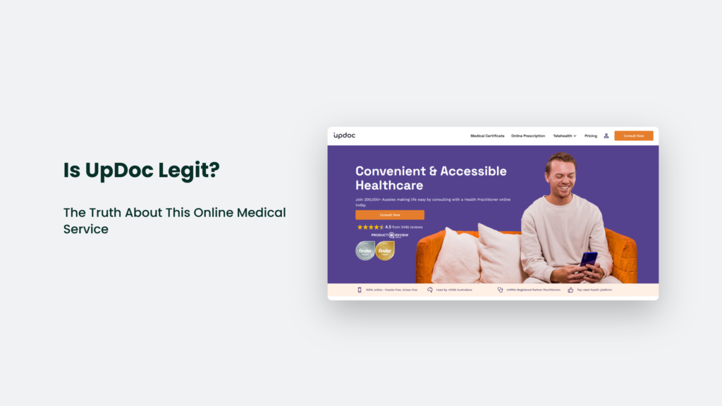 Screenshot Of An Online Medical Service Website Called Updoc, Featuring A Man Using A Smartphone And Text Promoting Convenient And Accessible Healthcare. The Page Includes Ratings And Reviews Addressing The Question, &Quot;Is Updoc Legit?