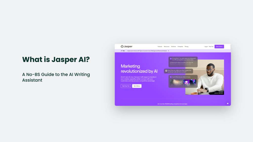 A Website Screenshot With The Header &Quot;What Is Jasper Ai?&Quot; And A Subtitle &Quot;A No-Bs Guide To The Ai Writing Assistant&Quot; On A White Background. The Right Section Showcases The Jasper Website Featuring Ai Marketing Tools.