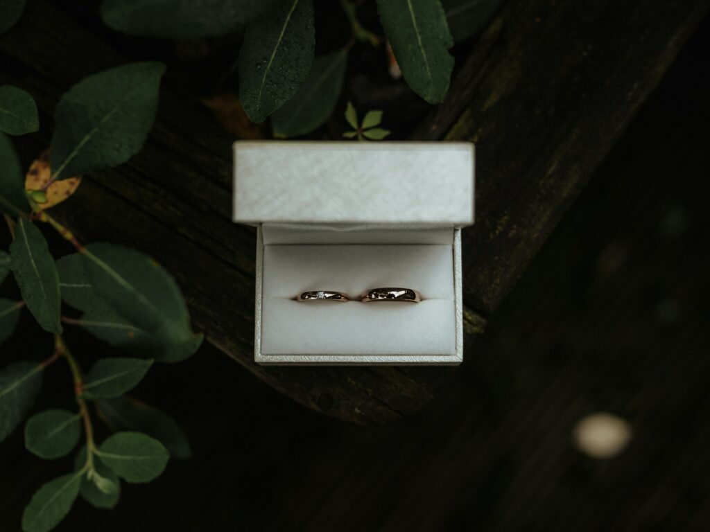 Two Rings Placed Inside An Open White Jewelry Box, Surrounded By Green Leaves. Curious About Origins? Discover The Elegance Reminiscent Of The Oldest Jewelry Brand In History.